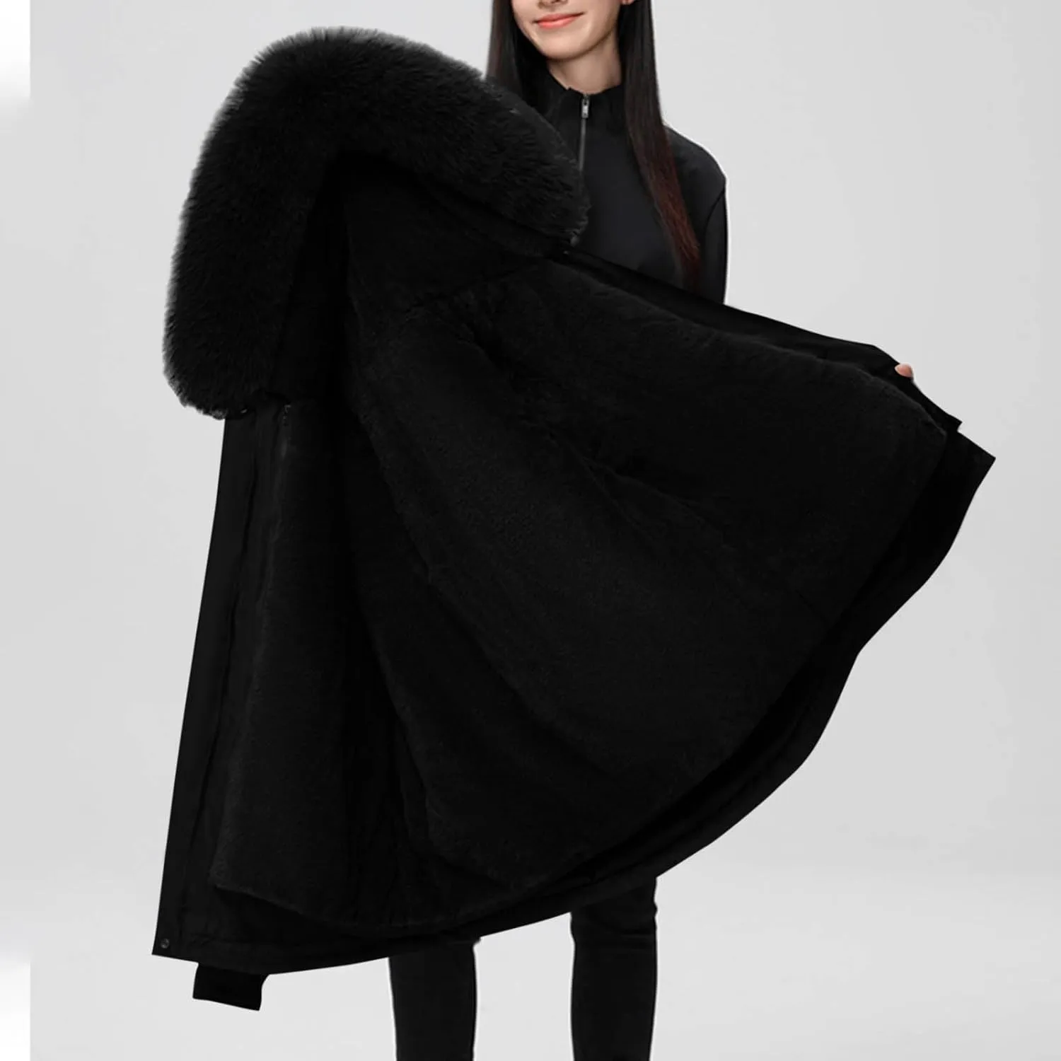 Women's Winter Sherpa Lined Faux Fur Hooded Mid Long Safari Parka Coat Fashion Warm Jackets Loose Fit Solid Color