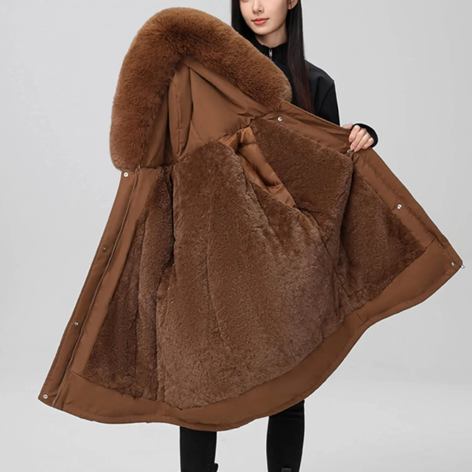 Women's Winter Sherpa Lined Faux Fur Hooded Mid Long Safari Parka Coat Fashion Warm Jackets Loose Fit Solid Color