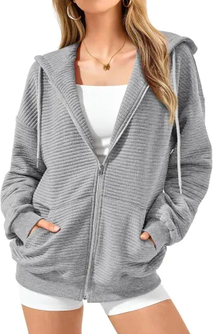 Womens Zip Up Hoodies Y2k Long Sleeve Fall Oversized Sweatshirts Preppy Cute Hoodies Drawstring Jackets with Pockets