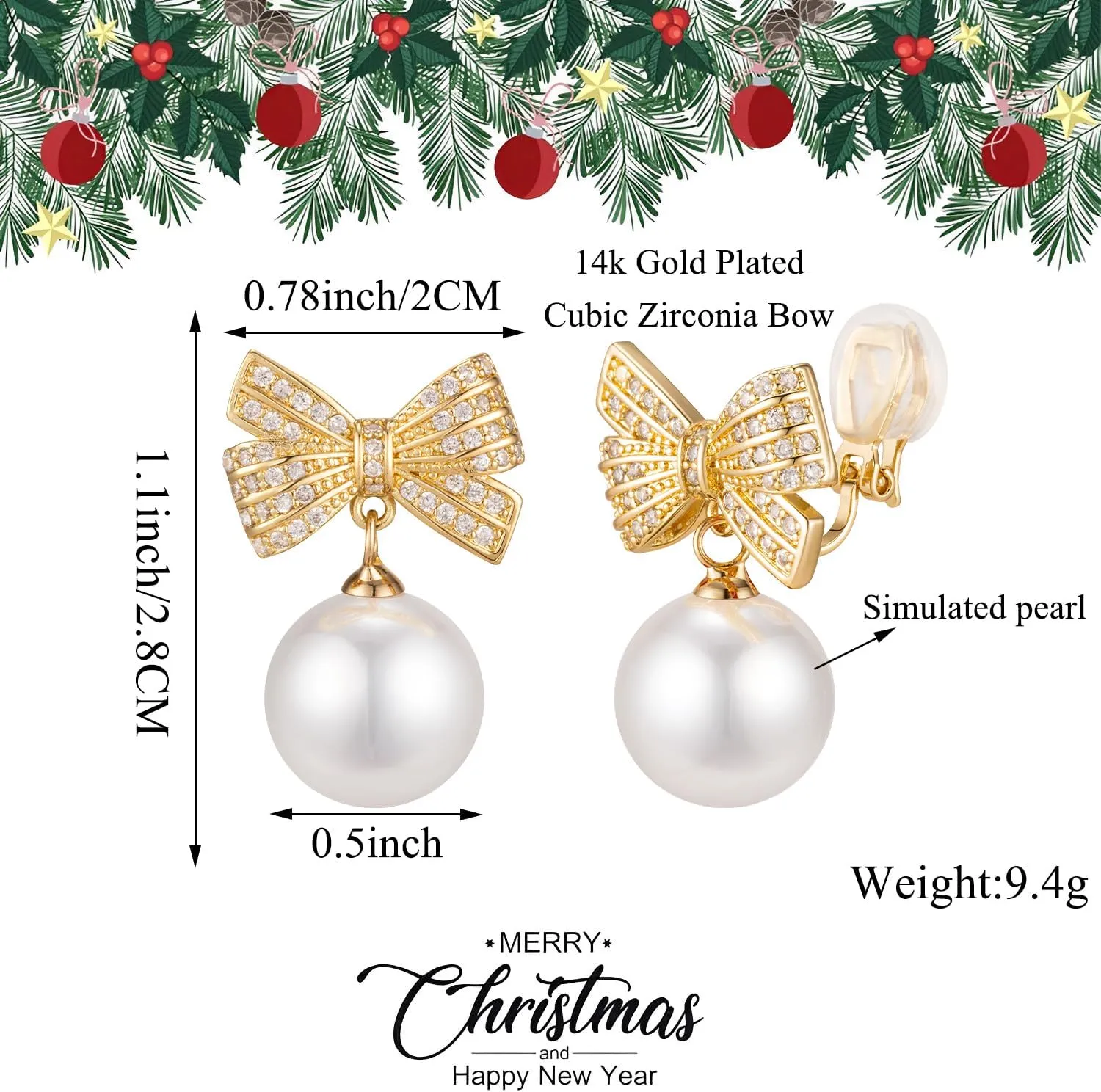 XGALBLA Christmas Earrings Christmas Bow Clip on Earrings Non Pierced Cubic Zirconia Pearl Bow Clip on Earrings for Women Trendy Stuff Christmas Jewelry Stocking Stuffers Christmas Gifts 2024