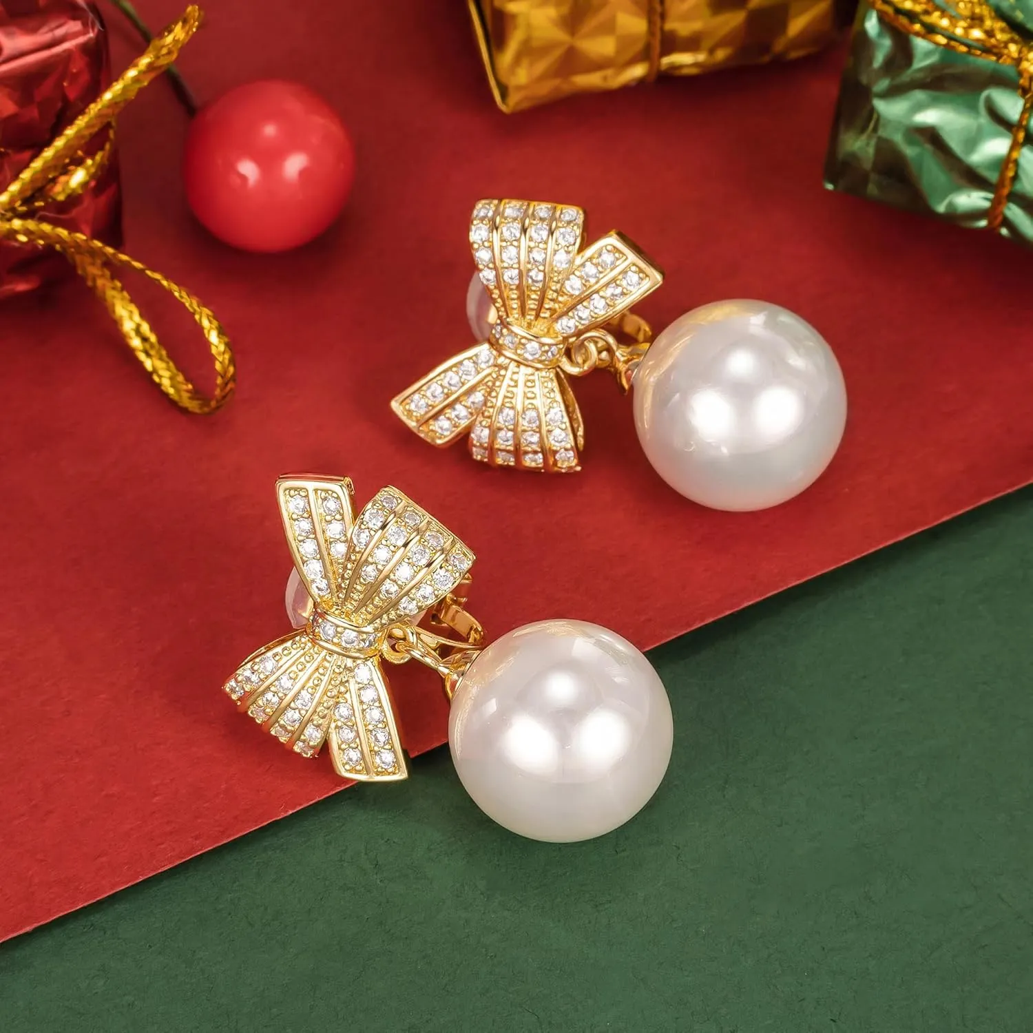 XGALBLA Christmas Earrings Christmas Bow Clip on Earrings Non Pierced Cubic Zirconia Pearl Bow Clip on Earrings for Women Trendy Stuff Christmas Jewelry Stocking Stuffers Christmas Gifts 2024