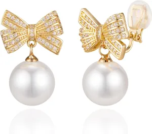 XGALBLA Christmas Earrings Christmas Bow Clip on Earrings Non Pierced Cubic Zirconia Pearl Bow Clip on Earrings for Women Trendy Stuff Christmas Jewelry Stocking Stuffers Christmas Gifts 2024