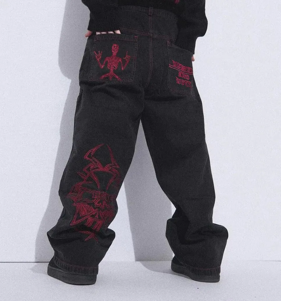 Y2K Beggy Jeans for Women Men Denim Pants Skull Embroidery Gothic Jeans Straight Wide Leg Trouser