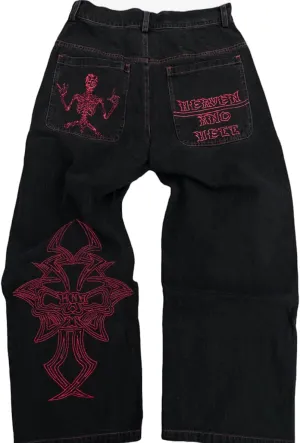Y2K Beggy Jeans for Women Men Denim Pants Skull Embroidery Gothic Jeans Straight Wide Leg Trouser