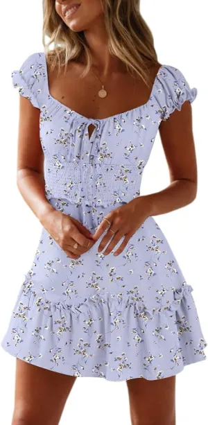 YOBECHO Womens Summer Ruffle Sleeve Sweetheart Neckline Printing Dress Mini Dresses Purple
