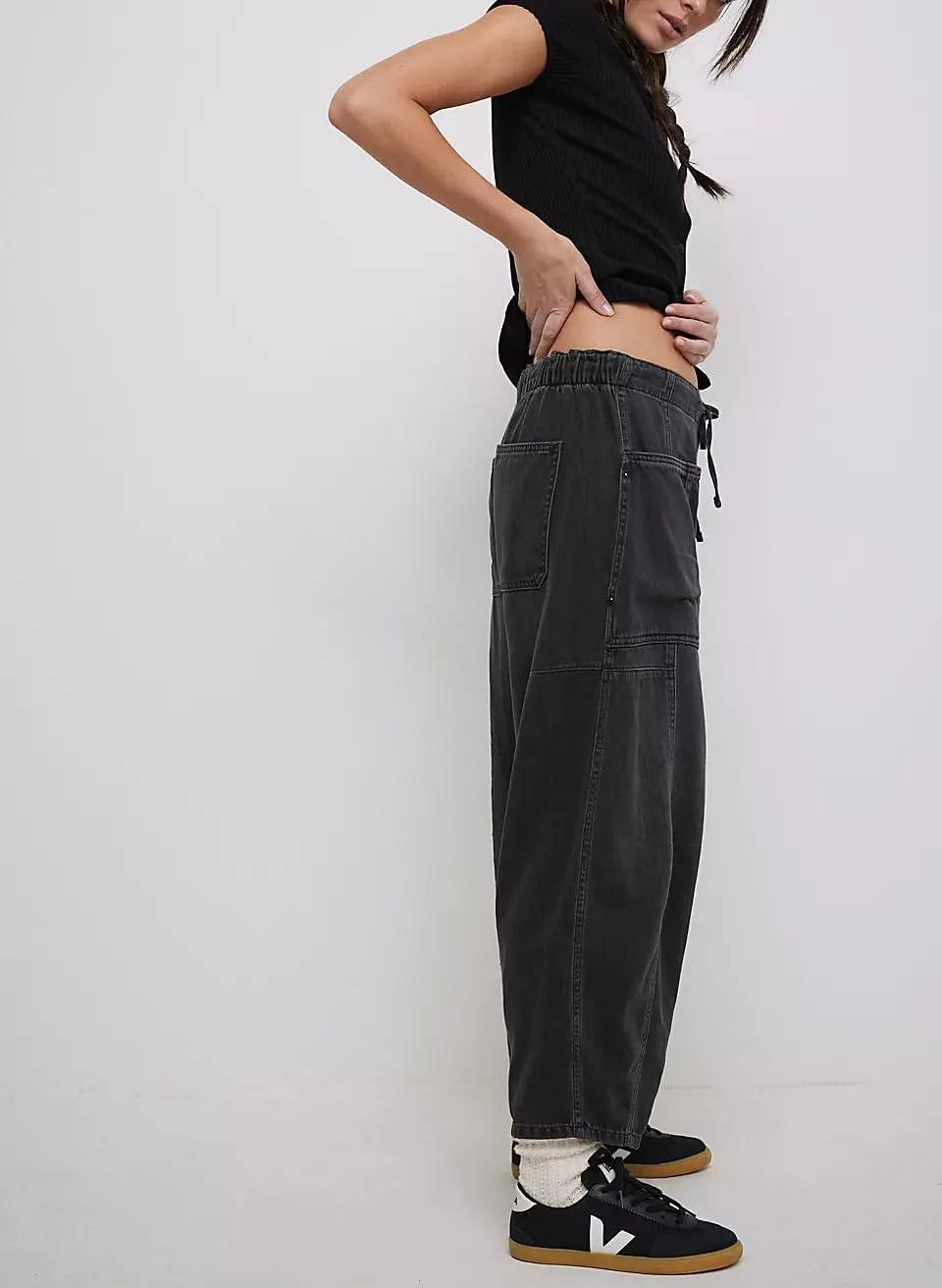 yoeasy Womens Low Rise Barrel Jeans Elastic Drawstring Loose Wide Leg Cropped Denim Pants Y2k Baggy Boyfriend Jeans