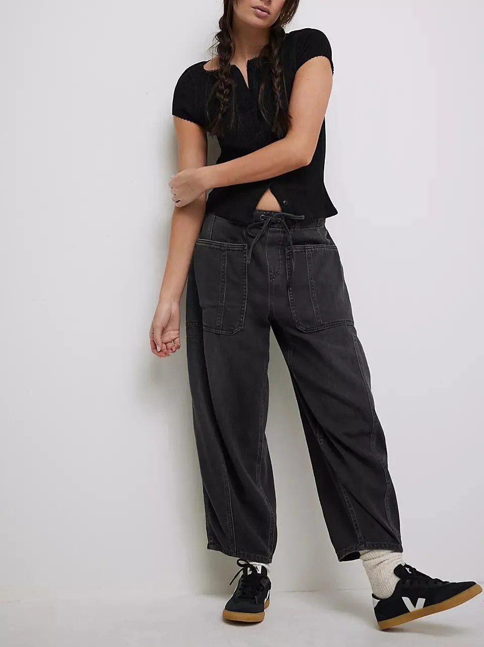 yoeasy Womens Low Rise Barrel Jeans Elastic Drawstring Loose Wide Leg Cropped Denim Pants Y2k Baggy Boyfriend Jeans