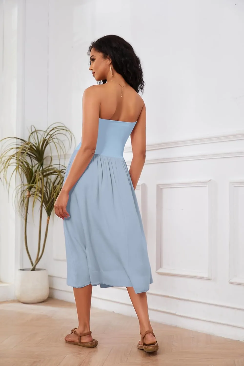Ythomm Women Strapless Maxi Dress Casual Patchwork Pleated Backless Flowy Long Dress Summer Solid Tube Dresses with Pocket