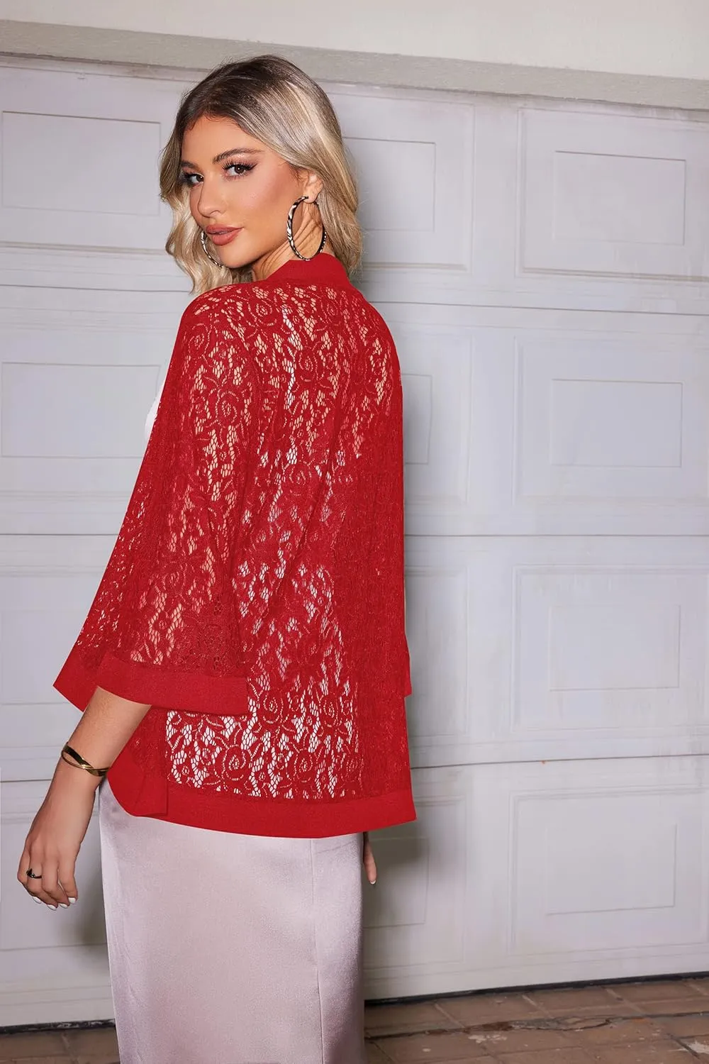 Zeagoo Kimono Cardigans for Women 3/4 Sleeves Open Front Lightweight Shrug Lace Bolero for Evening Dresses