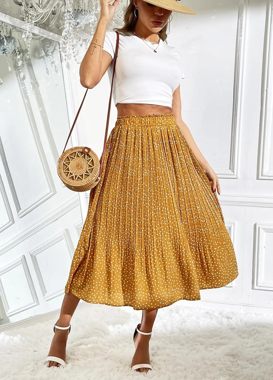 Zeagoo Women's Midi Skirts High Waisted Pleated A-Line Swing Skirts Summer Floral Long Skirts with Pockets