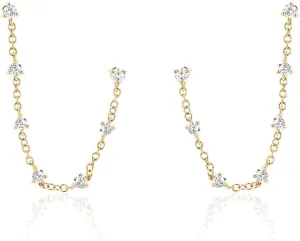 Zircons Stud Earrings For Women Double Studs Chain Tassel Piercing Earring 18K Gold Plated Cartilage Cubic Zirconia Two Hole Wedding Climber Crawler Wrap Earrings Threader Dangle Eternity Gift Mom Bff