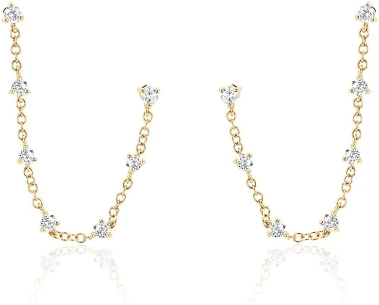 Zircons Stud Earrings For Women Double Studs Chain Tassel Piercing Earring 18K Gold Plated Cartilage Cubic Zirconia Two Hole Wedding Climber Crawler Wrap Earrings Threader Dangle Eternity Gift Mom Bff